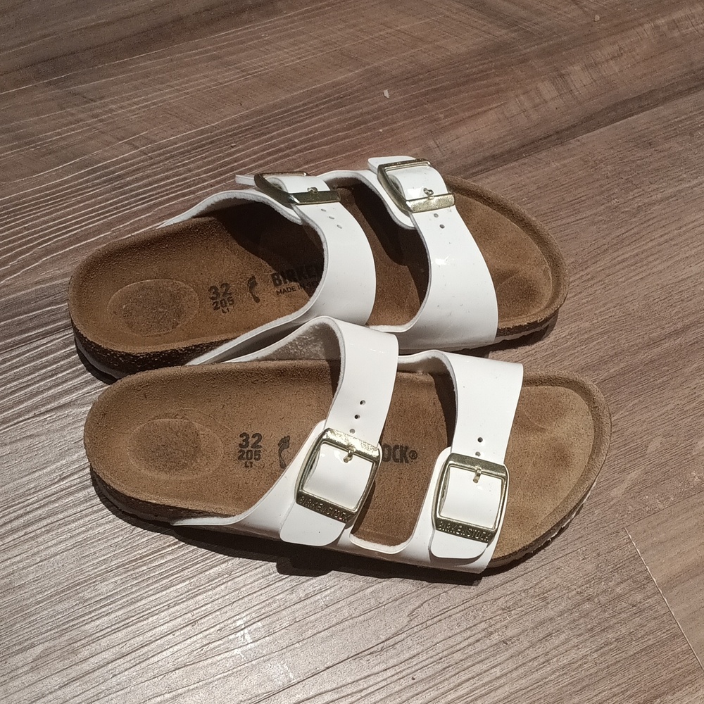 Lil Gurls Birkenstock Patent-leather White Double-Buckle Slide Sandals